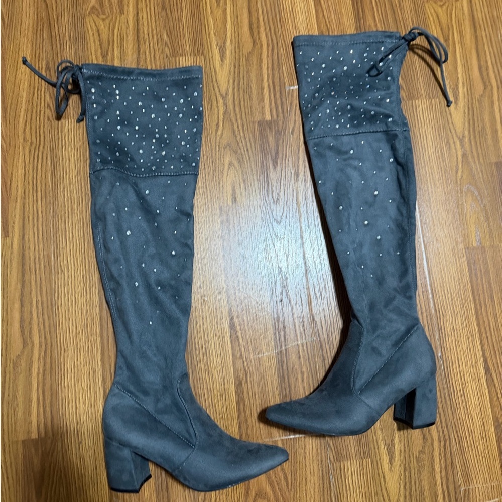Olivia & Kate Grey Sparkle Embellished Rachel Above Knee Boots Size 8